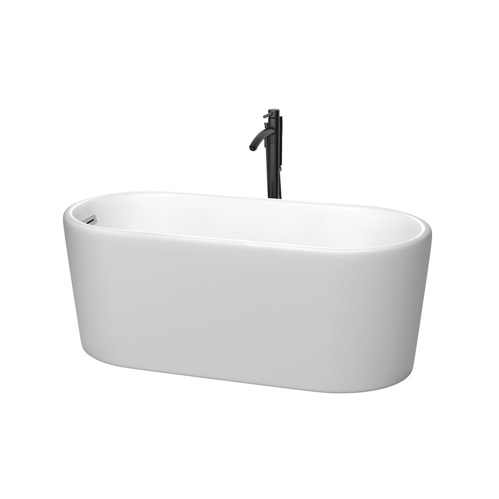Baignoire autoportante Ursula de 59 pouces en blanc mat avec garniture en chrome poli et robinet en noir mat