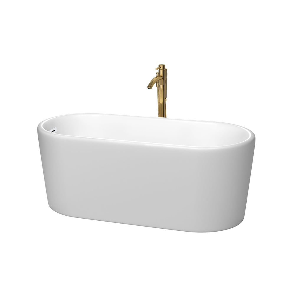 Ursula 59 inch Freestanding Bathtub in Matte White with Shiny White Trim and Faucet in Brushed Gold