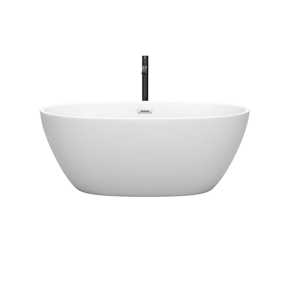 Juno 59 inch Freestanding Bathtub in Matte White with Polished Chrome Trim and Faucet in Matte Black