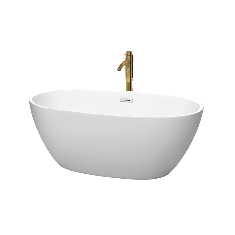 Juno 59 inch Freestanding Bathtub in Matte White w/ Polished Chrome Trim and Faucet in Brushed Gold