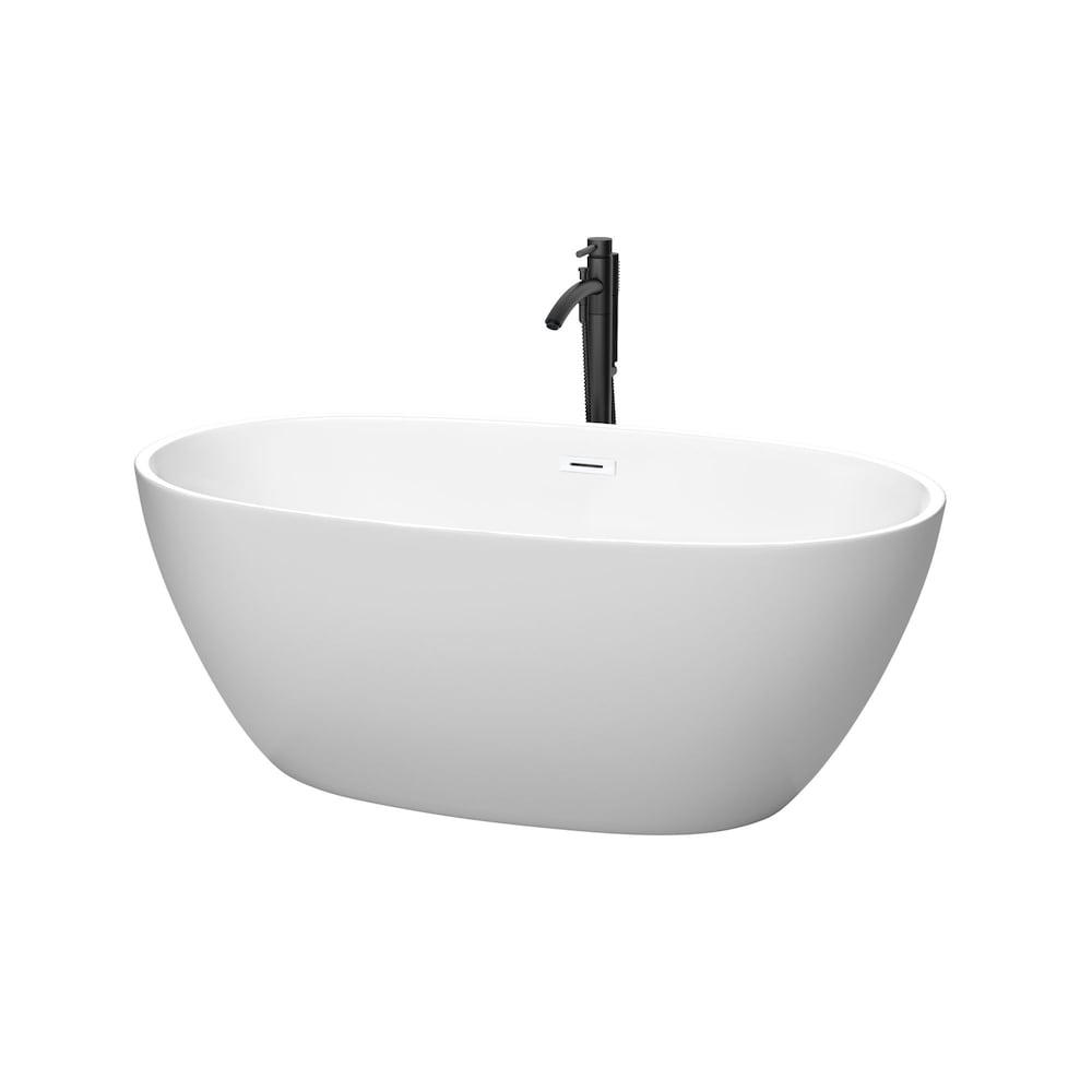 Baignoire autoportante Juno de 59 pouces en blanc mat avec garniture blanche brillante et robinet en noir mat