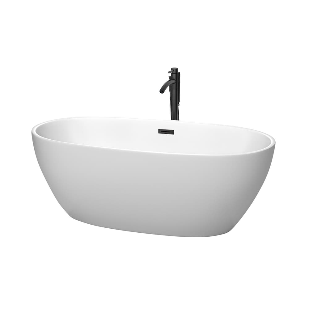 Baignoire autoportante Juno de 63 pouces en blanc mat avec robinet, drain et garniture de trop-plein en noir mat