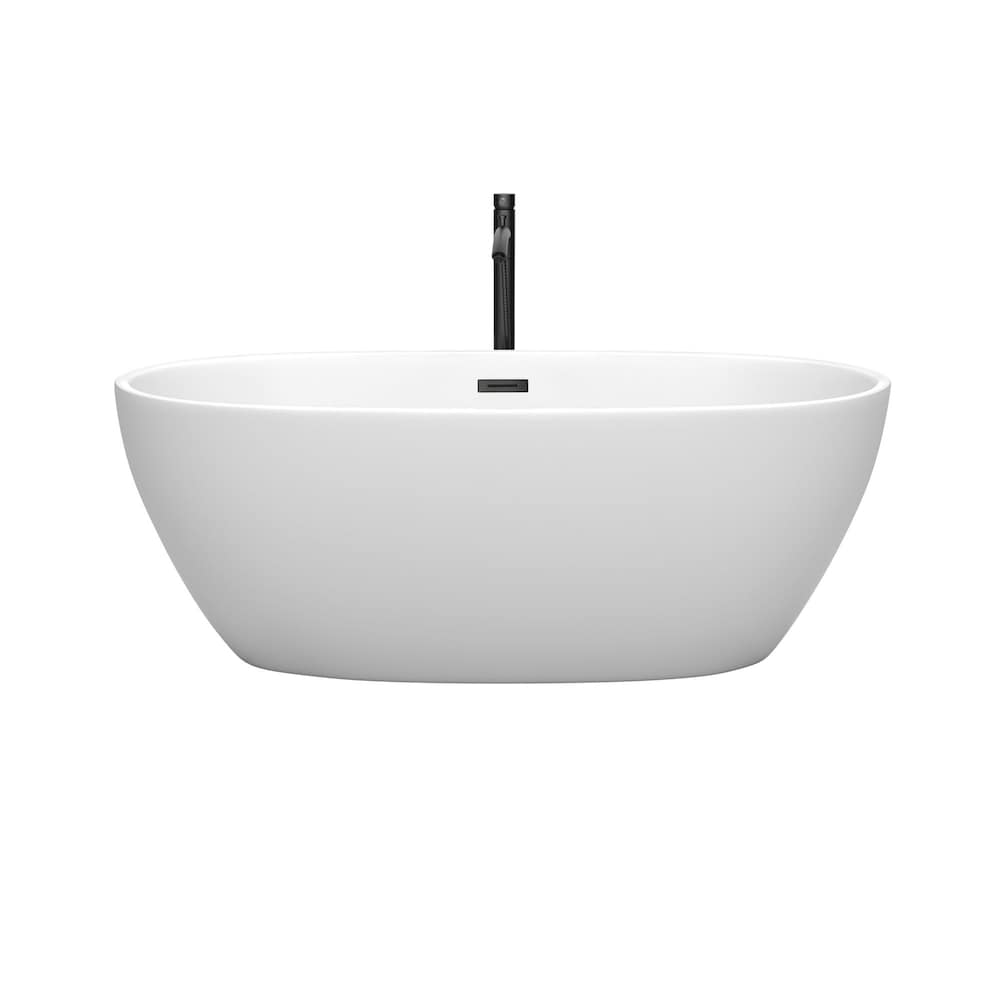Baignoire autoportante Juno de 63 pouces en blanc mat avec robinet, drain et garniture de trop-plein en noir mat