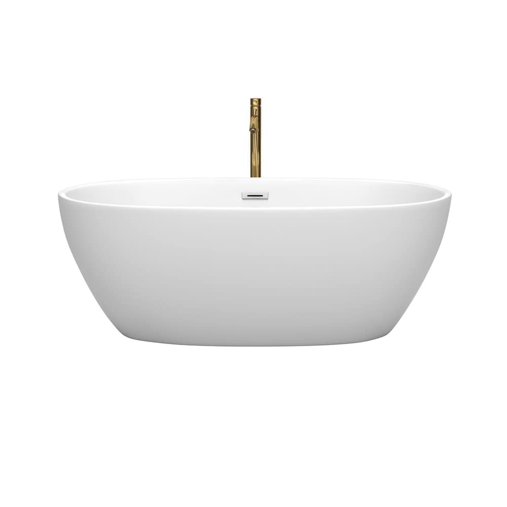 Baignoire autoportante Juno de 63 pouces en blanc mat avec garniture en chrome poli et robinet en or brossé
