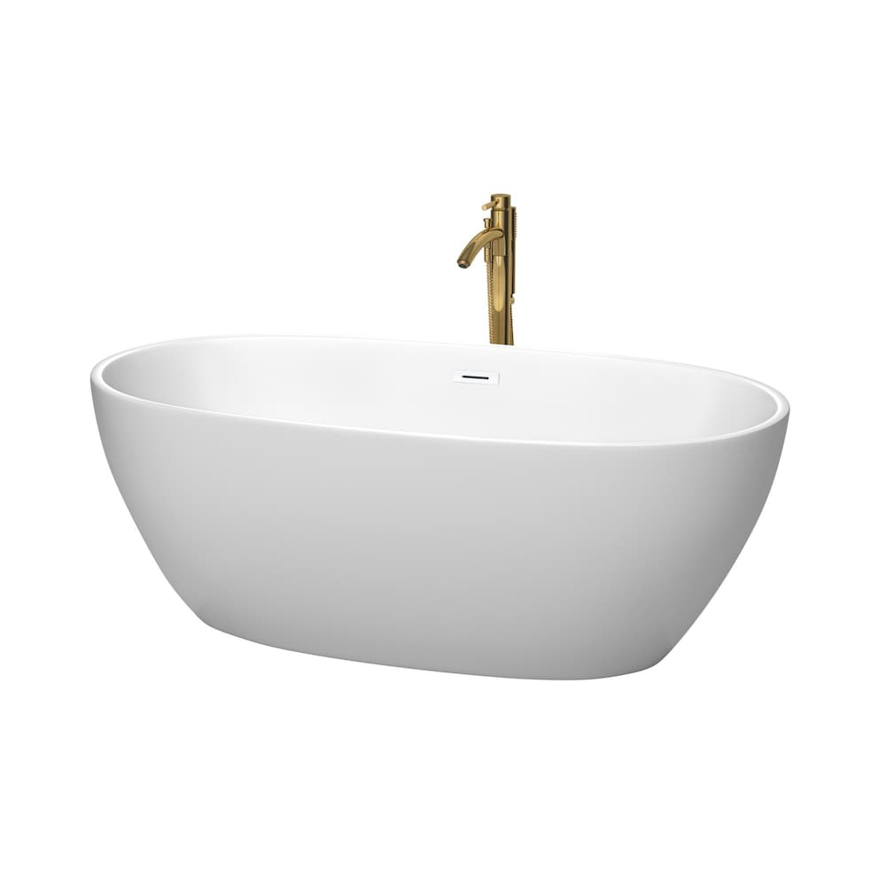 Baignoire autoportante Juno de 63 pouces en blanc mat avec garniture blanche brillante et robinet en or brossé