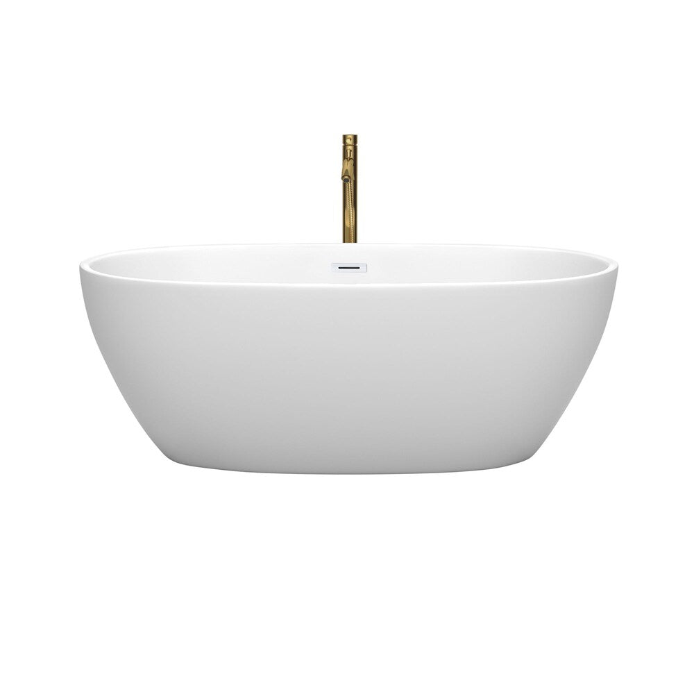 Baignoire autoportante Juno de 63 pouces en blanc mat avec garniture blanche brillante et robinet en or brossé