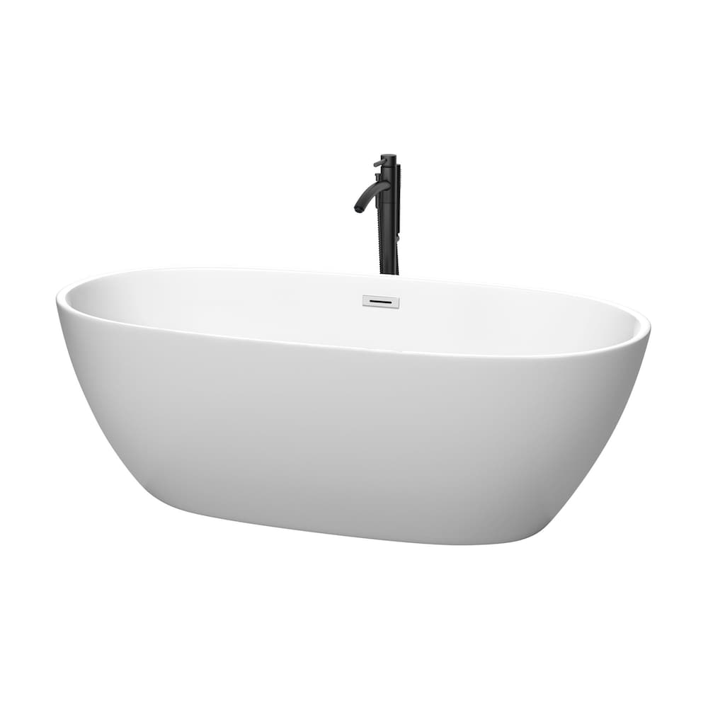 Juno 67 inch Freestanding Bathtub in Matte White with Polished Chrome Trim and Faucet in Matte Black