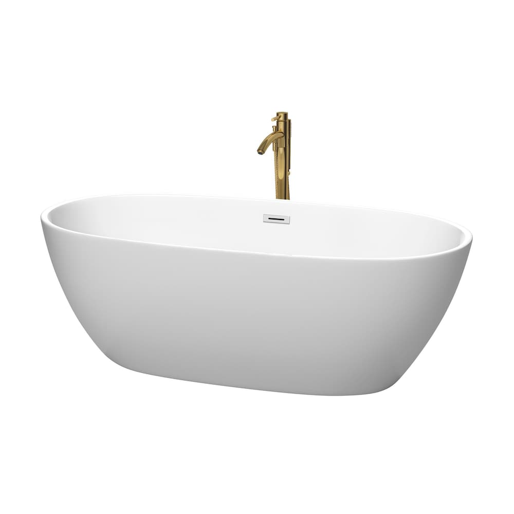 Juno 67 inch Freestanding Bathtub in Matte White w/ Polished Chrome Trim and Faucet in Brushed Gold