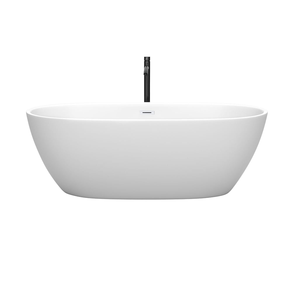 Baignoire autoportante Juno de 67 pouces en blanc mat avec garniture blanche brillante et robinet en noir mat