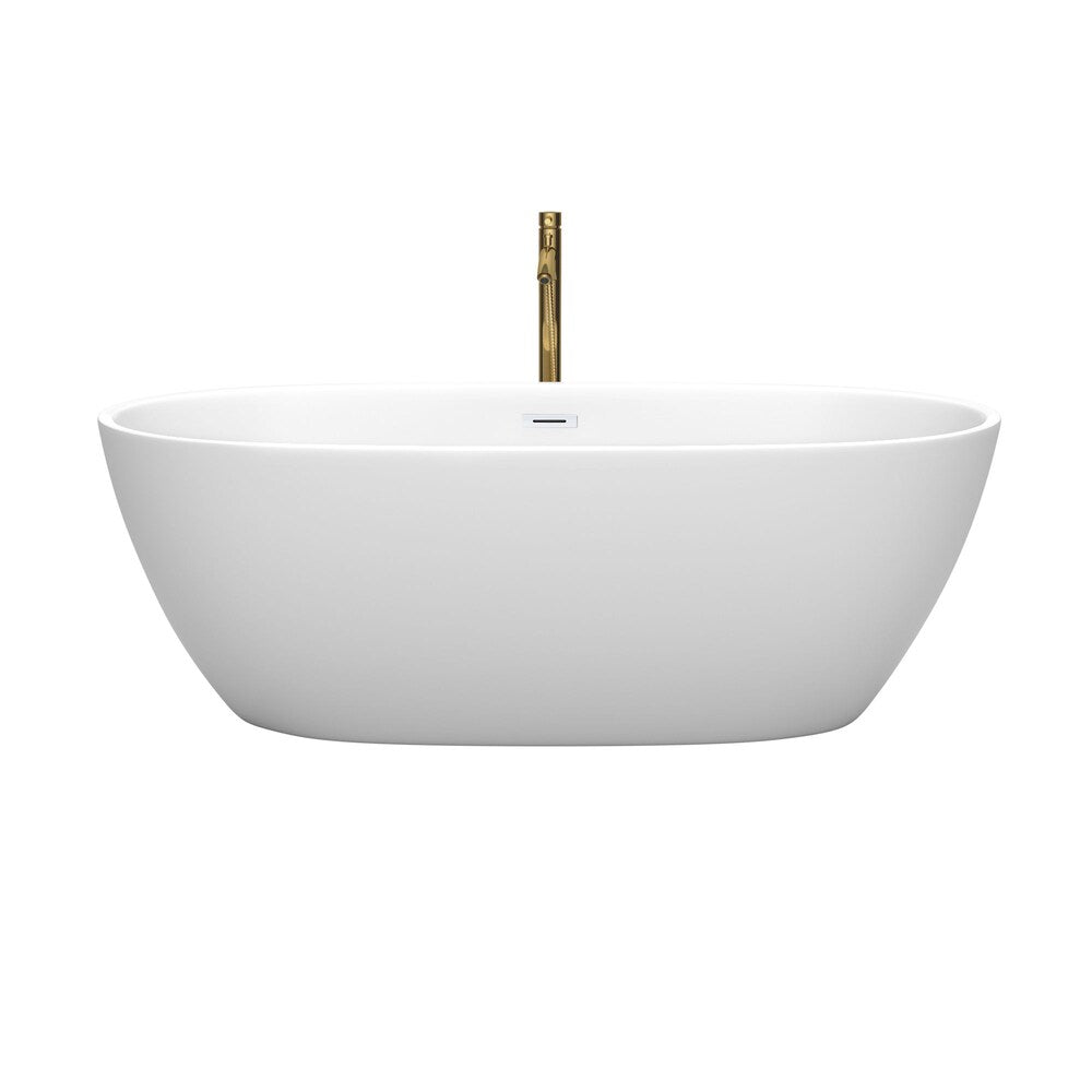 Baignoire autoportante Juno de 67 pouces en blanc mat avec garniture blanche brillante et robinet en or brossé