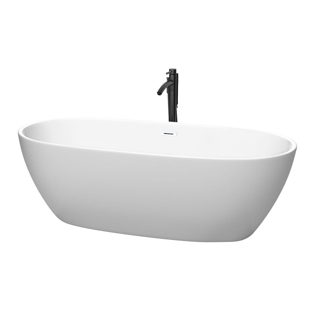 Baignoire autoportante Juno de 71 pouces en blanc mat avec garniture blanche brillante et robinet en noir mat