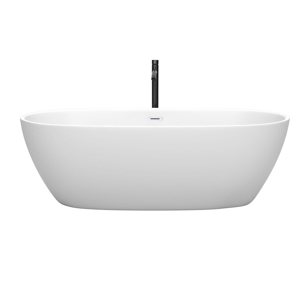 Baignoire autoportante Juno de 71 pouces en blanc mat avec garniture blanche brillante et robinet en noir mat