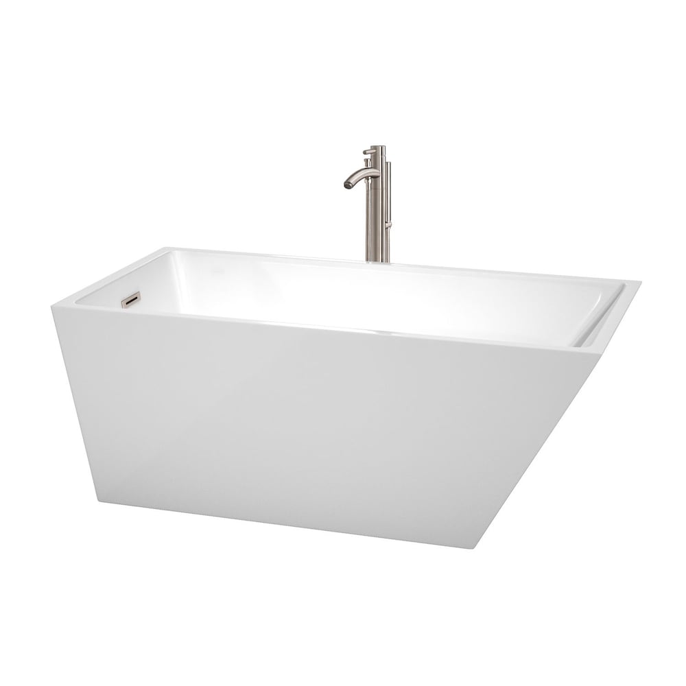 Hannah 59 inch Freestanding Bathtub in White with Faucet, Drain and Overflow Trim in Brushed Nickel