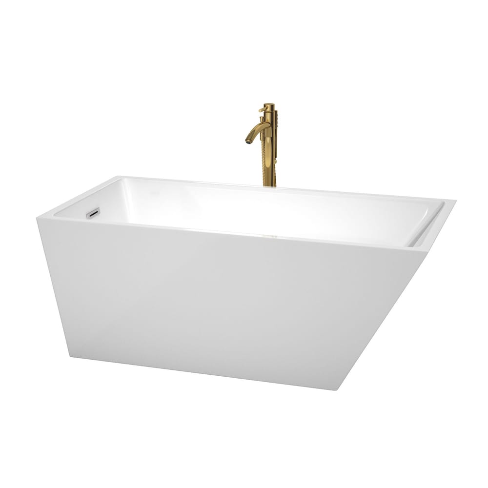 Hannah 59 inch Freestanding Bathtub in White with Polished Chrome Trim and Faucet in Brushed Gold