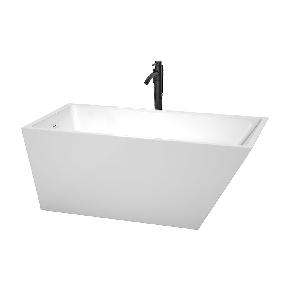 Hannah 59 inch Freestanding Bathtub in White with Shiny White Trim and Faucet in Matte Black