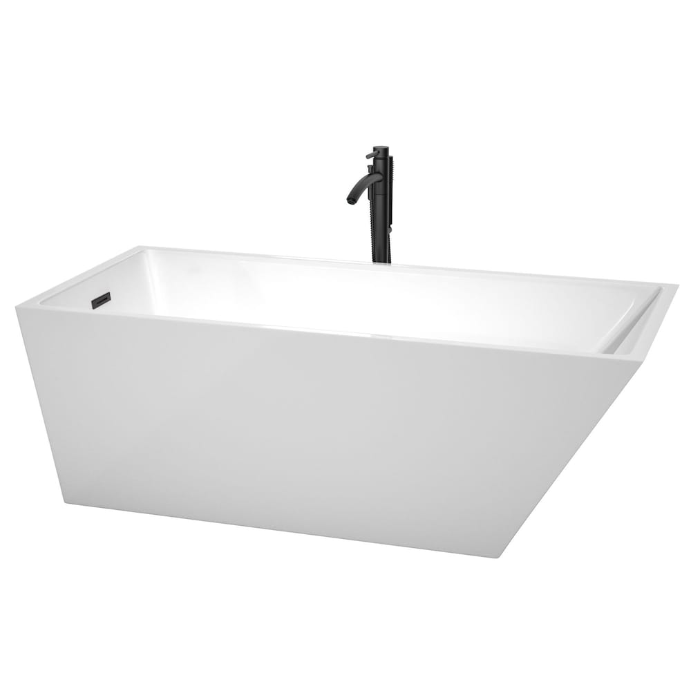 Hannah 67 inch Freestanding Bathtub in White with Faucet, Drain and Overflow Trim in Matte Black
