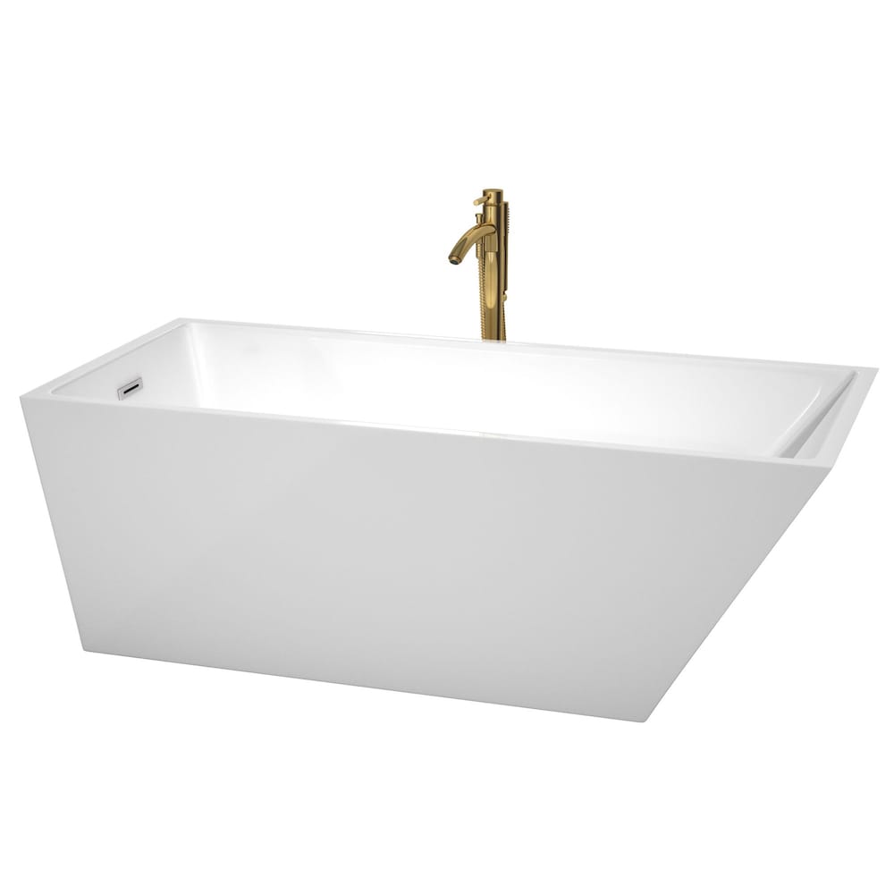 Hannah 67 inch Freestanding Bathtub in White with Polished Chrome Trim and Faucet in Brushed Gold