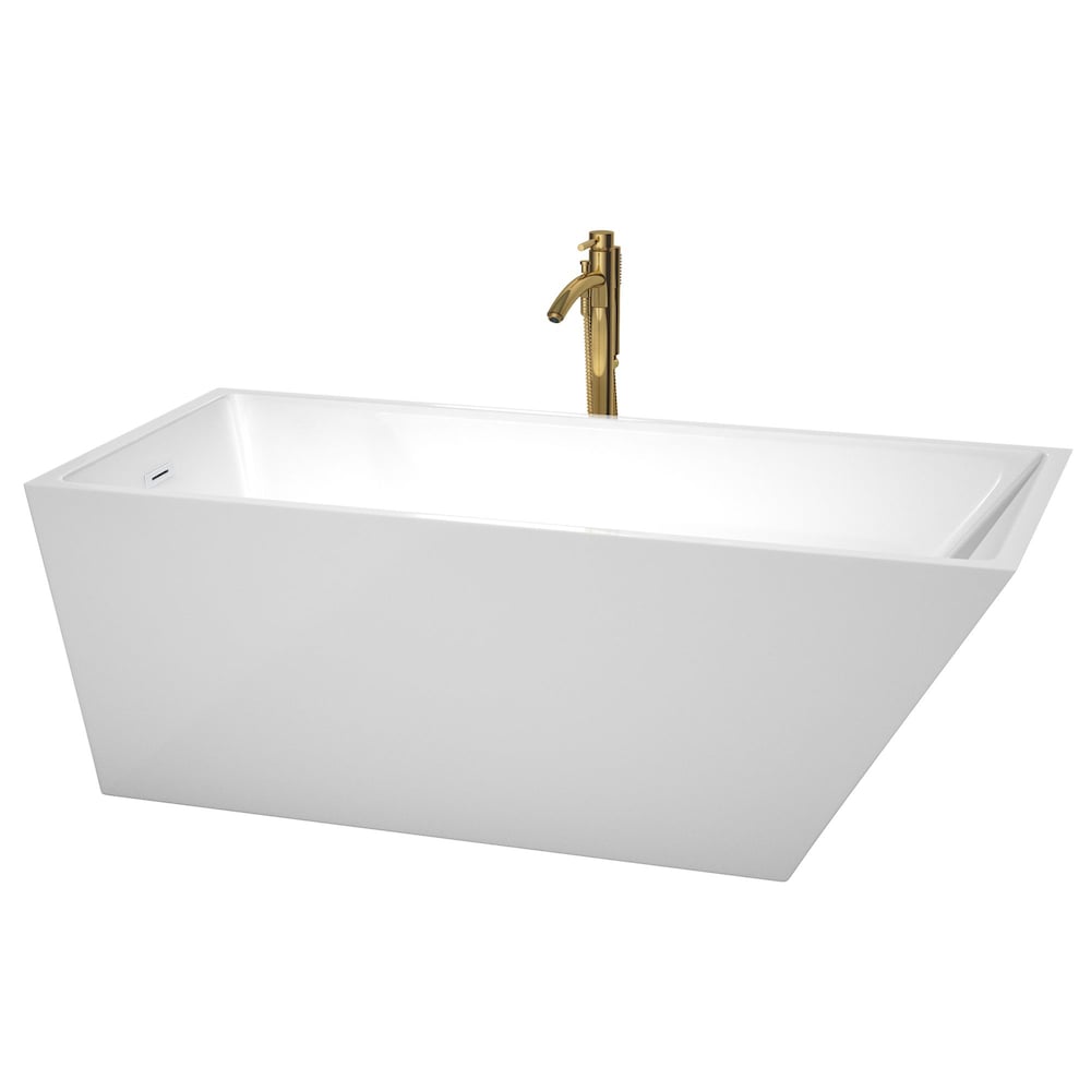 Hannah 67 inch Freestanding Bathtub in White with Shiny White Trim and Faucet in Brushed Gold