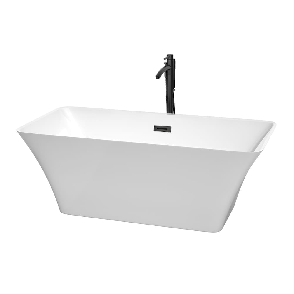 Baignoire autoportante Tiffany de 59 pouces en blanc avec robinet, drain et garniture de trop-plein en noir mat