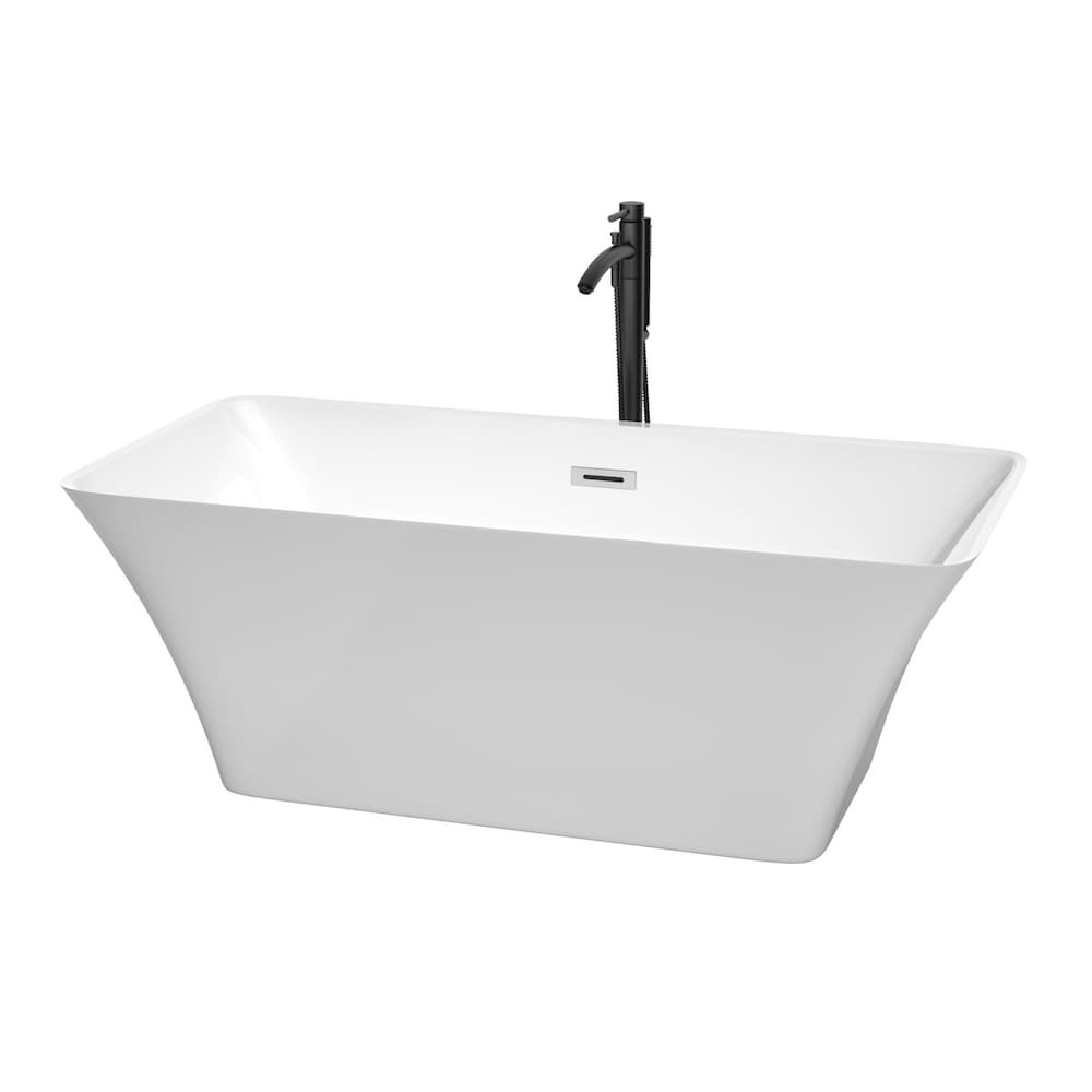 Baignoire autoportante Tiffany de 59 pouces en blanc avec garniture en chrome poli et robinet en noir mat