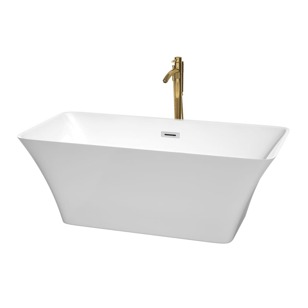 Tiffany 59 inch Freestanding Bathtub in White with Polished Chrome Trim and Faucet in Brushed Gold