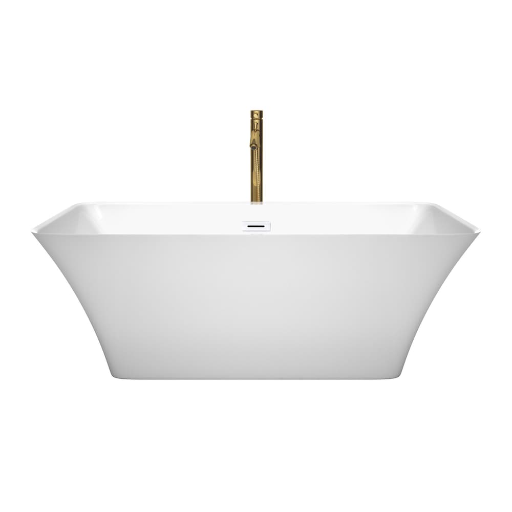 Baignoire autoportante Tiffany de 59 pouces en blanc avec garniture blanche brillante et robinet en or brossé