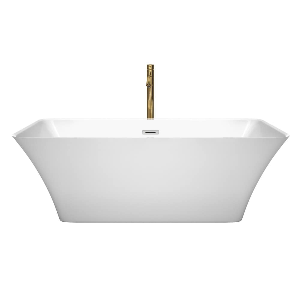 Tiffany 67 inch Freestanding Bathtub in White with Polished Chrome Trim and Faucet in Brushed Gold
