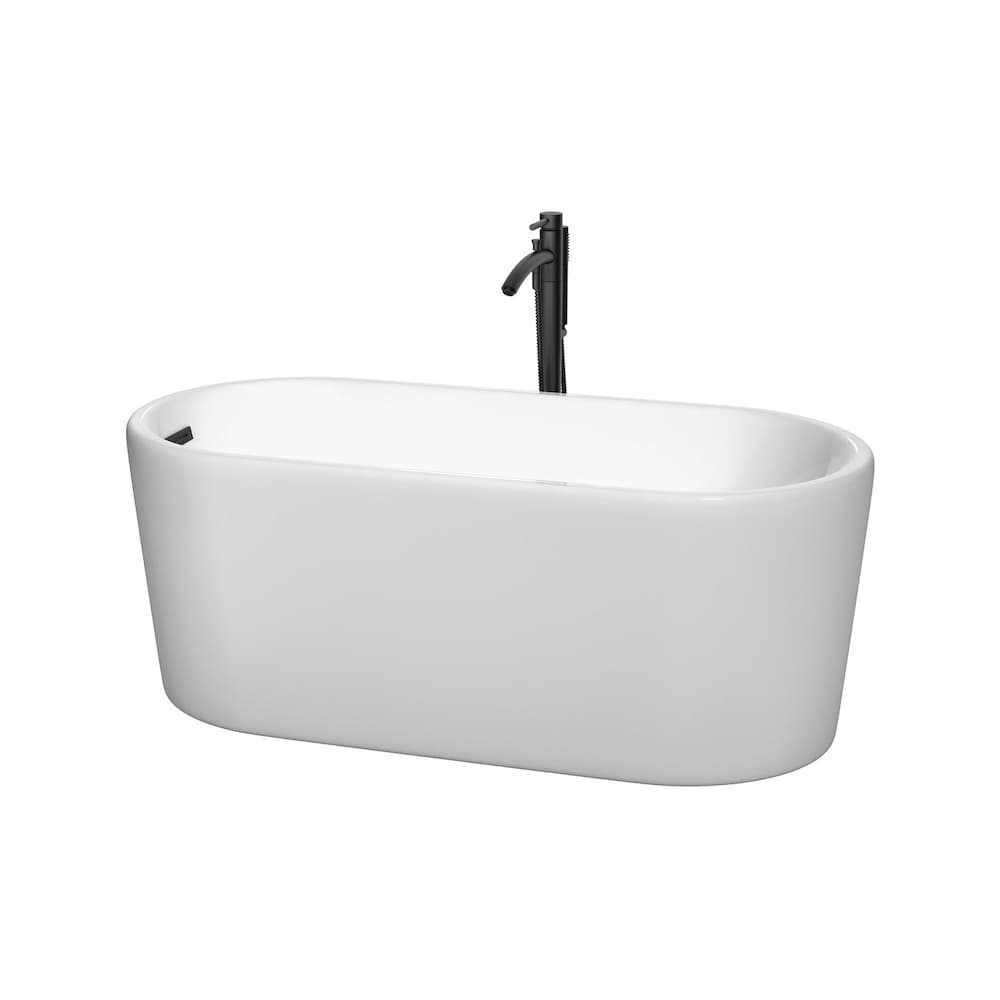 Ursula 59 inch Freestanding Bathtub in White with Faucet, Drain and Overflow Trim in Matte Black