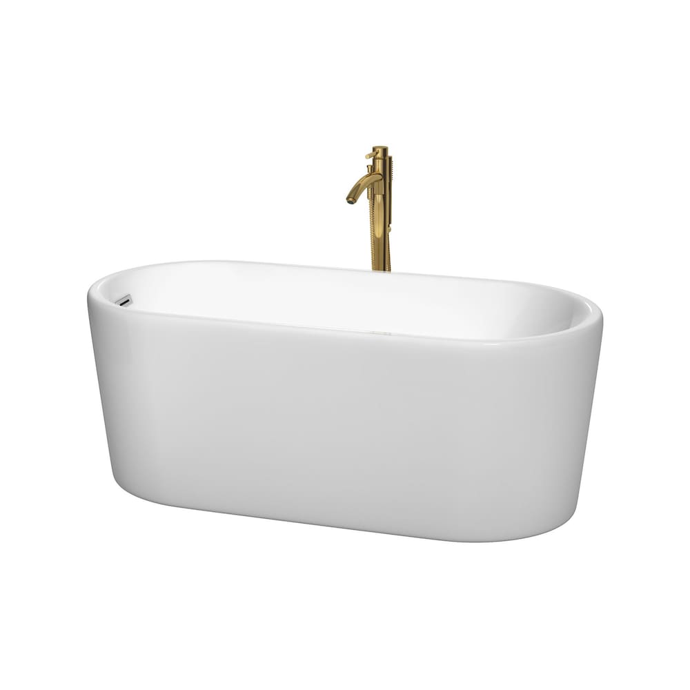 Baignoire autoportante Ursula de 59 pouces en blanc avec garniture en chrome poli et robinet en or brossé
