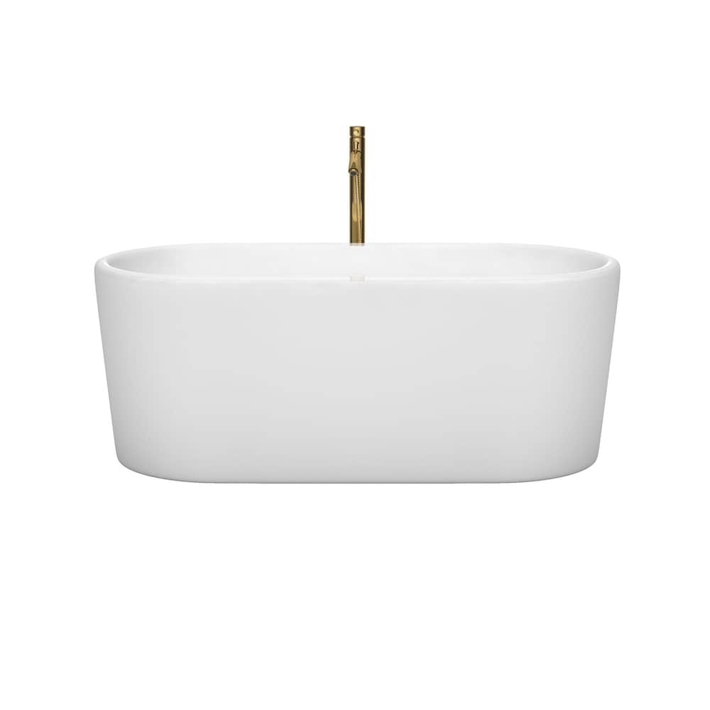 Baignoire autoportante Ursula de 59 pouces en blanc avec garniture en chrome poli et robinet en or brossé