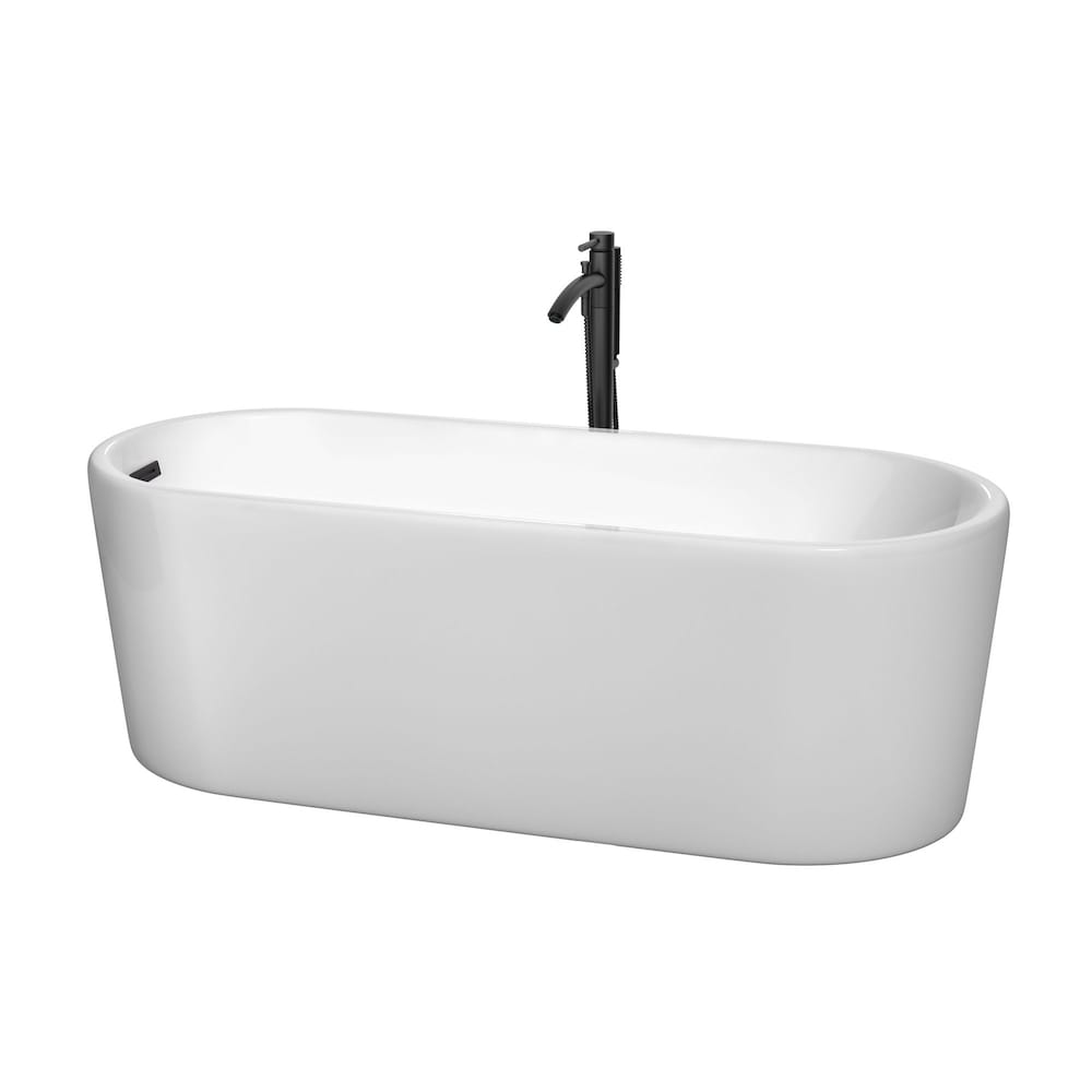 Baignoire autoportante Ursula de 67 pouces en blanc avec robinet, drain et garniture de trop-plein en noir mat