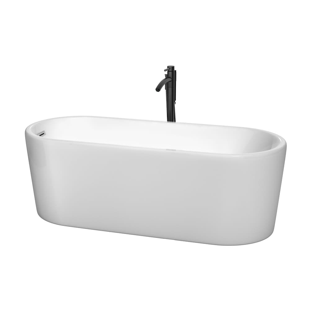 Ursula 67 inch Freestanding Bathtub in White with Polished Chrome Trim and Faucet in Matte Black