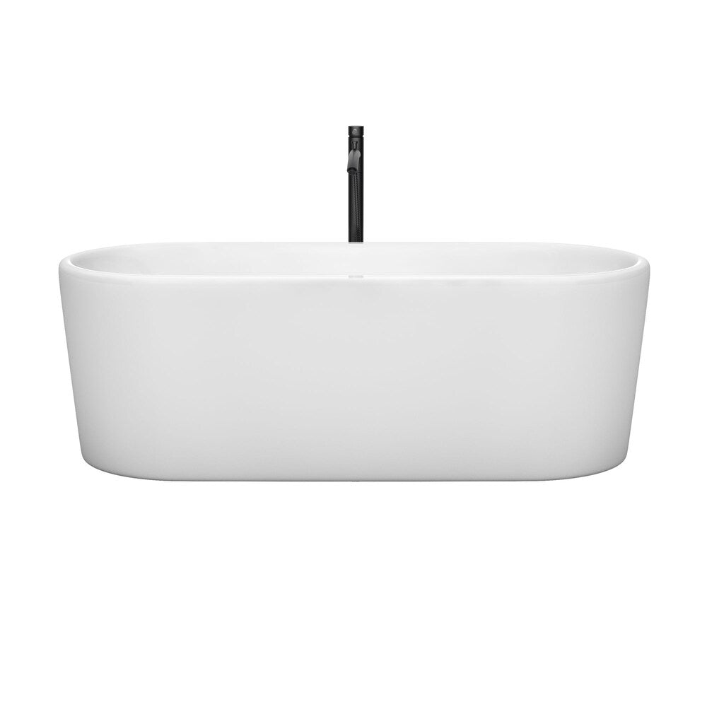 Baignoire autoportante Ursula de 67 pouces en blanc avec garniture en chrome poli et robinet en noir mat