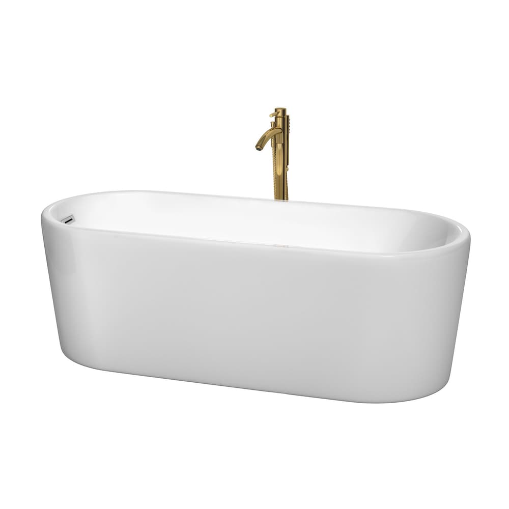 Ursula 67 inch Freestanding Bathtub in White with Polished Chrome Trim and Faucet in Brushed Gold