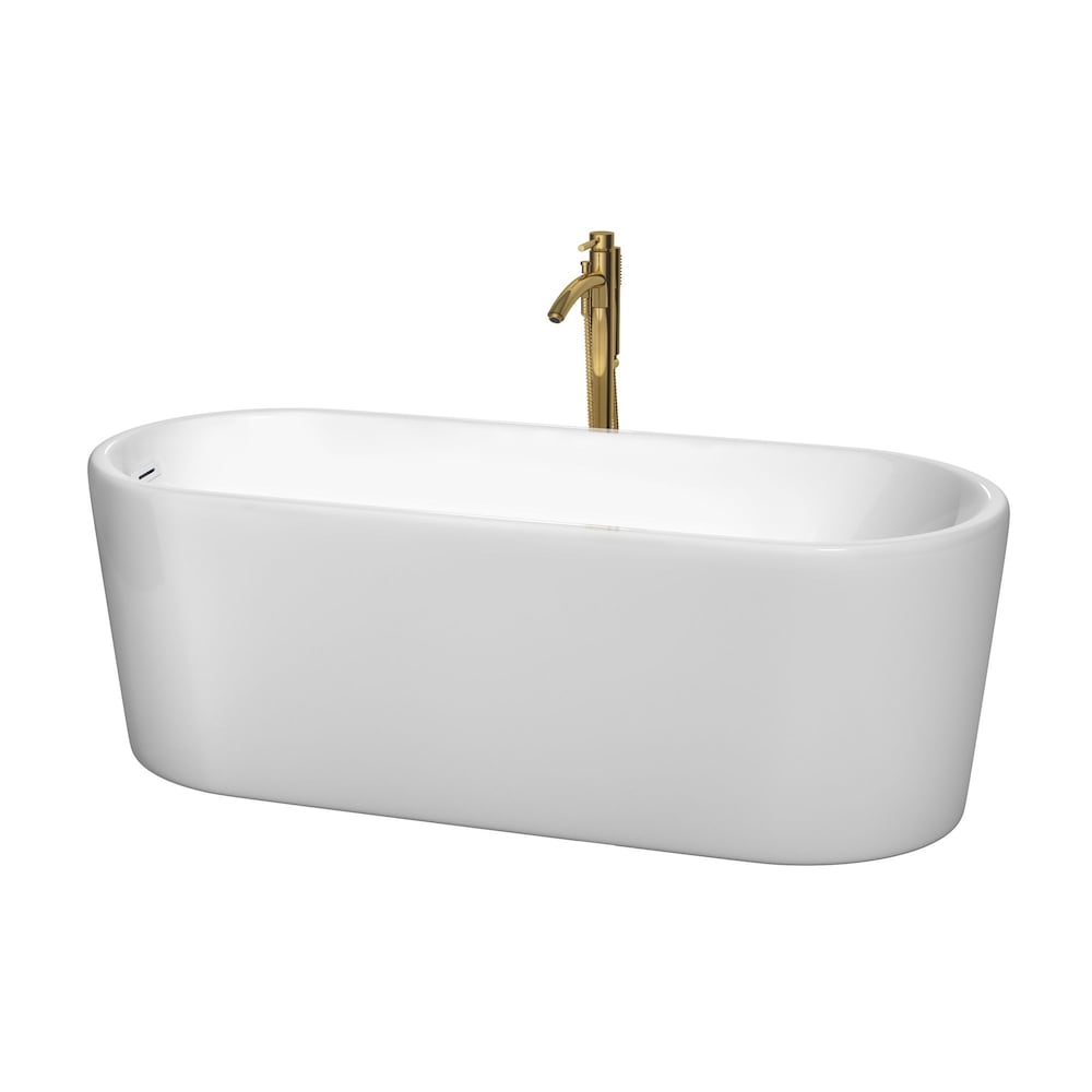 Baignoire autoportante Ursula de 67 pouces en blanc avec garniture blanche brillante et robinet en or brossé