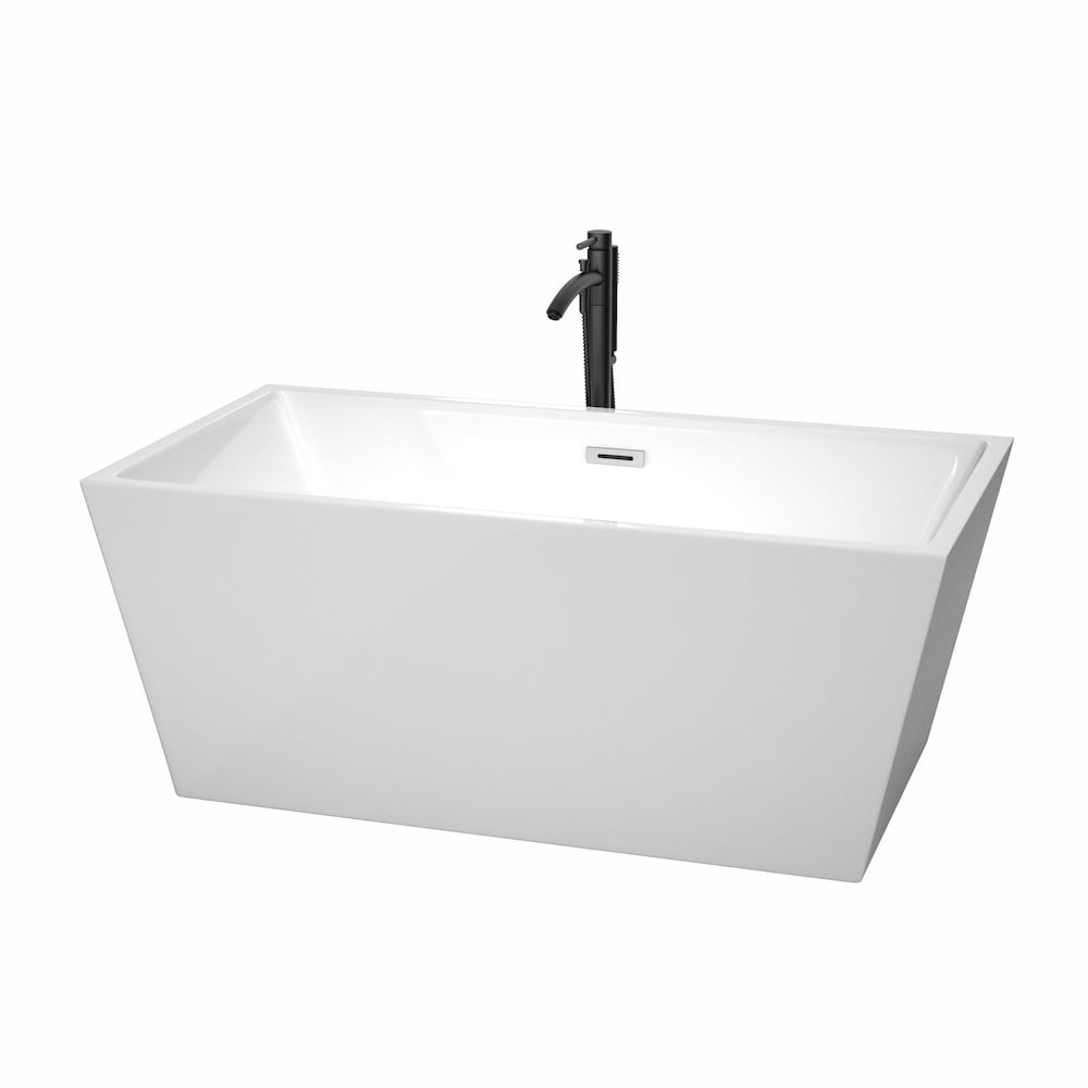 Sara 59 inch Freestanding Bathtub in White with Polished Chrome Trim and Faucet in Matte Black
