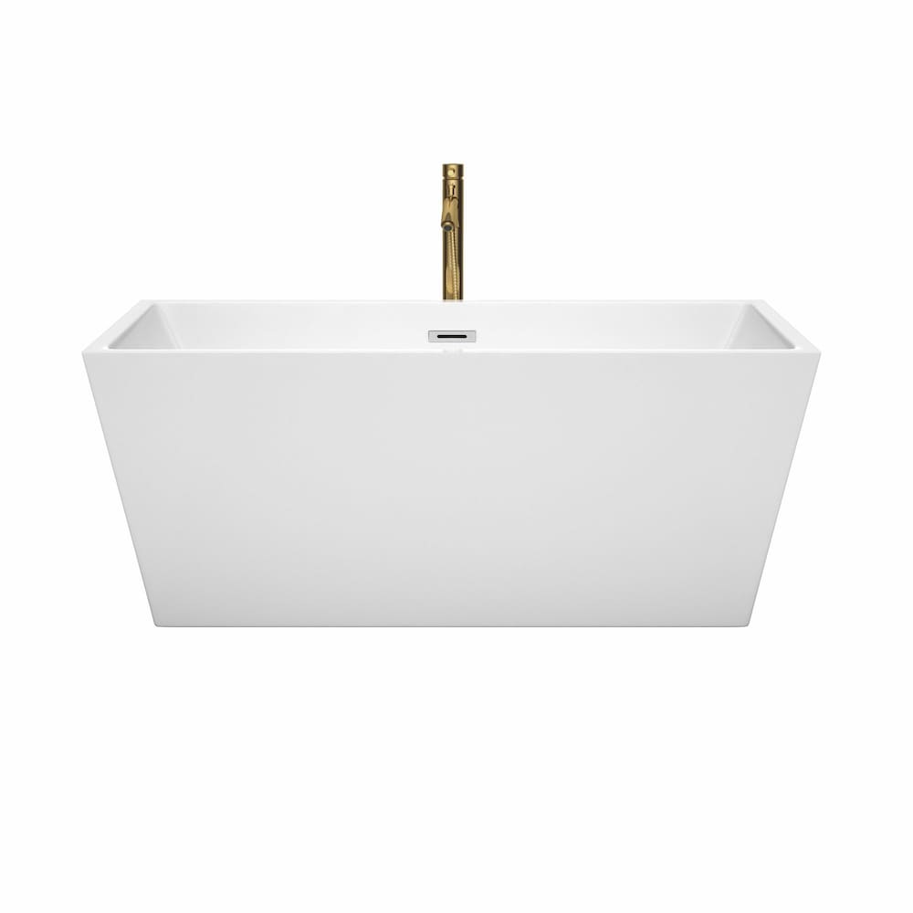 Baignoire autoportante Sara de 59 pouces en blanc avec garniture en chrome poli et robinet en or brossé