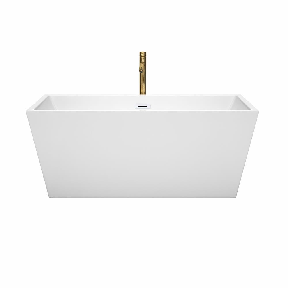 Sara 59 inch Freestanding Bathtub in White with Shiny White Trim and Faucet in Brushed Gold