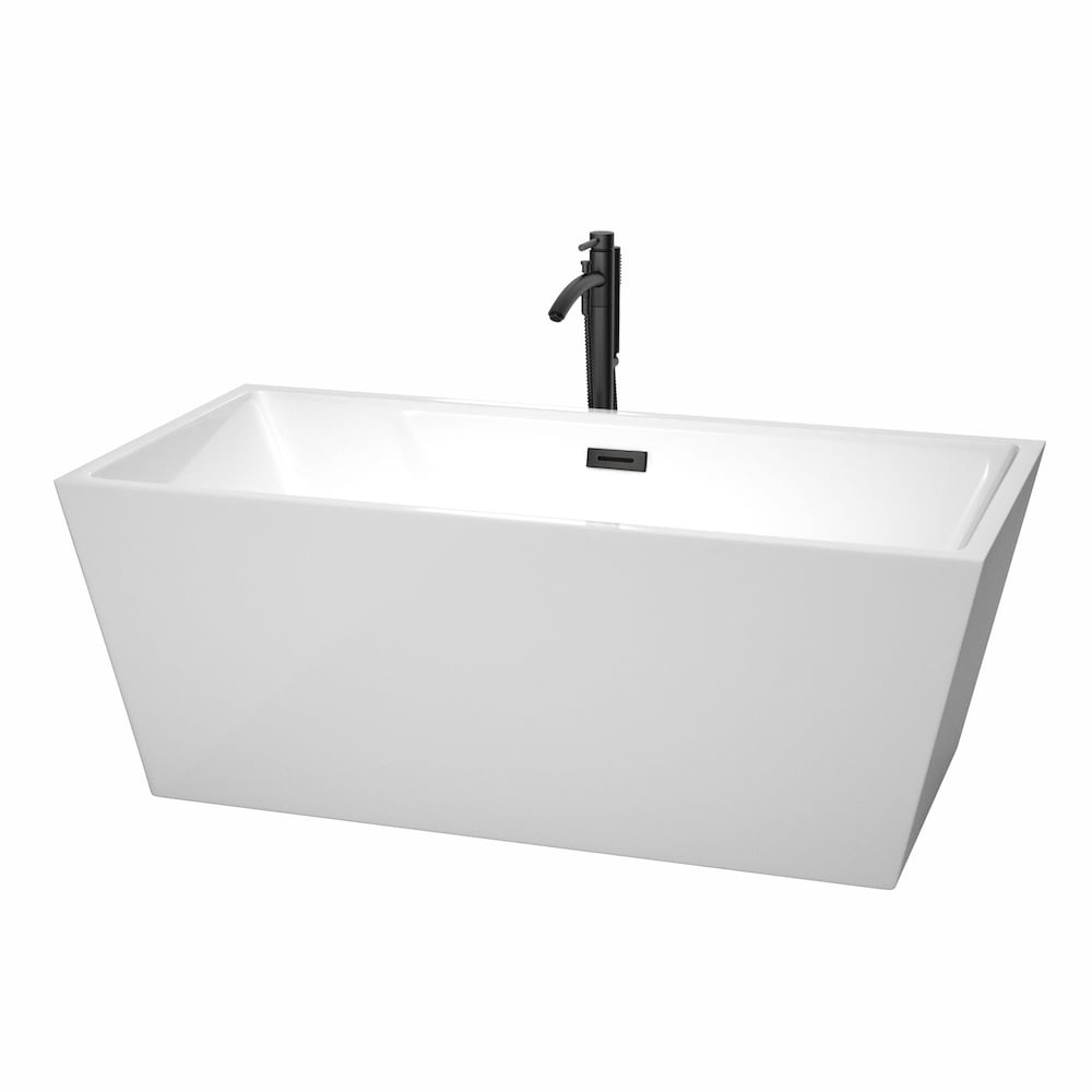 Baignoire autoportante Sara de 63 pouces en blanc avec robinet, drain et garniture de trop-plein en noir mat