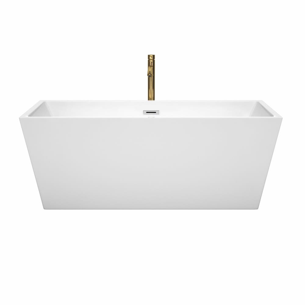 Baignoire autoportante Sara de 63 pouces en blanc avec garniture en chrome poli et robinet en or brossé