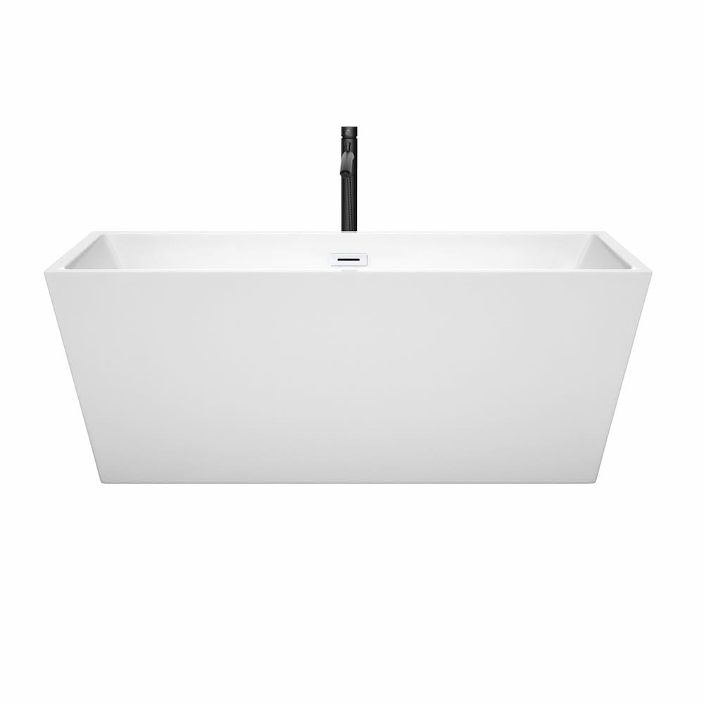 Baignoire autoportante Sara de 63 pouces en blanc avec garniture blanche brillante et robinet en noir mat