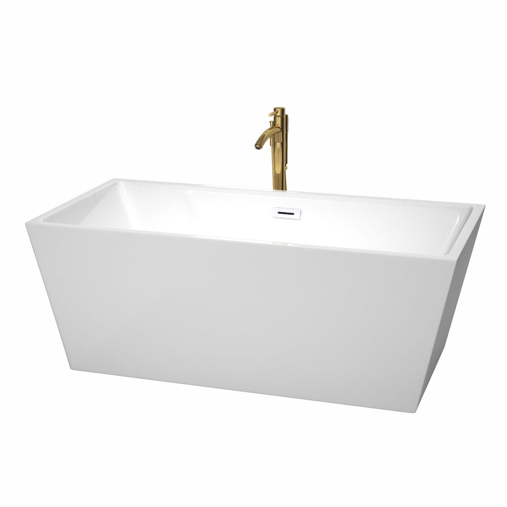 Sara 63 inch Freestanding Bathtub in White with Shiny White Trim and Faucet in Brushed Gold