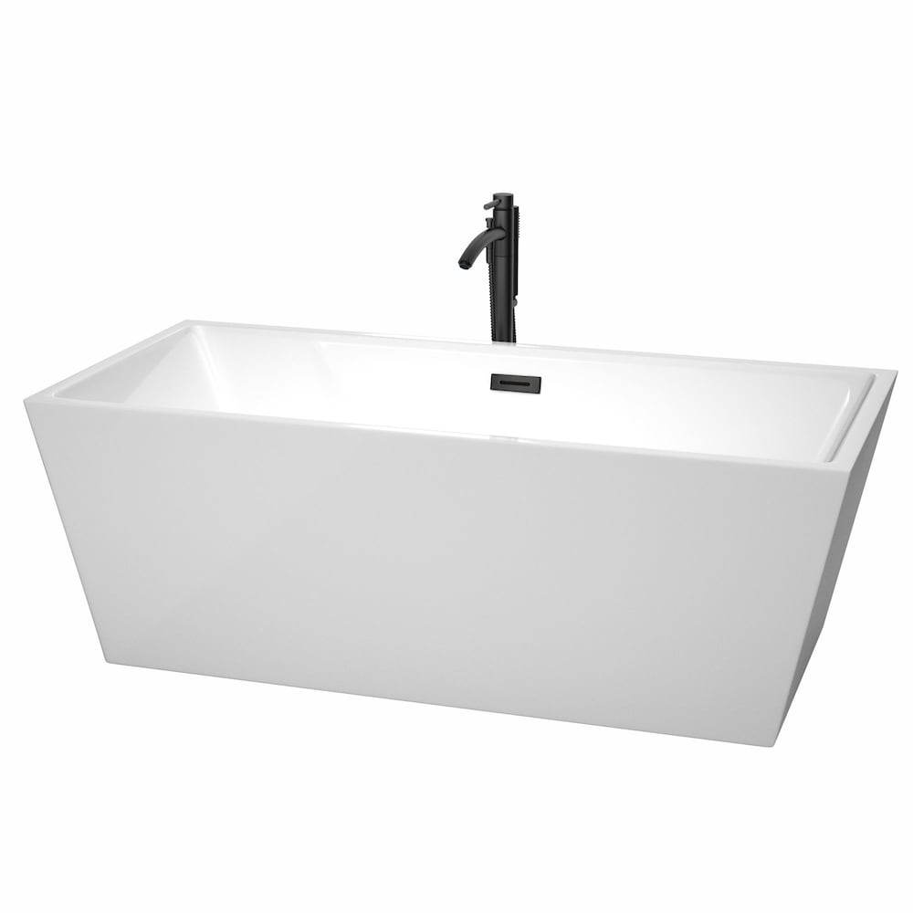 Baignoire autoportante Sara de 67 pouces en blanc avec robinet, drain et garniture de trop-plein en noir mat
