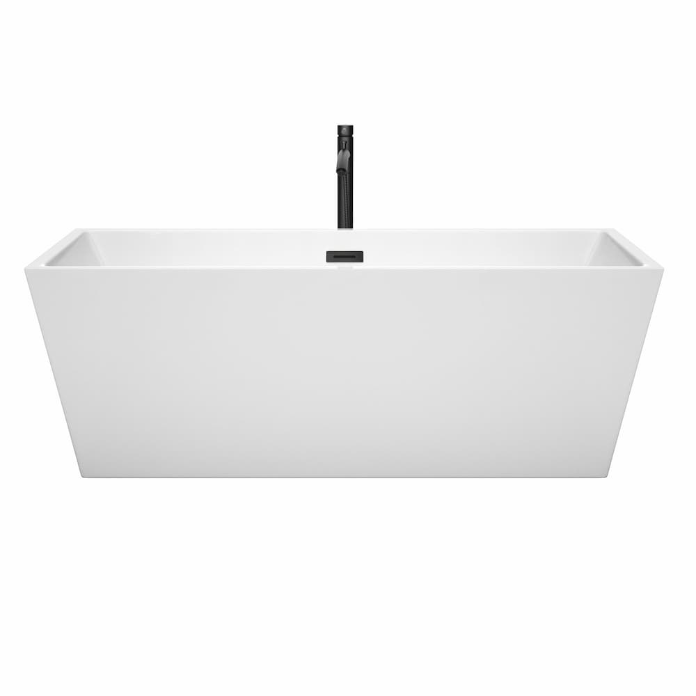 Baignoire autoportante Sara de 67 pouces en blanc avec robinet, drain et garniture de trop-plein en noir mat