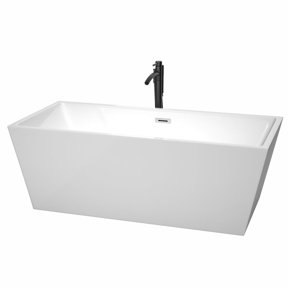 Sara 67 inch Freestanding Bathtub in White with Polished Chrome Trim and Faucet in Matte Black