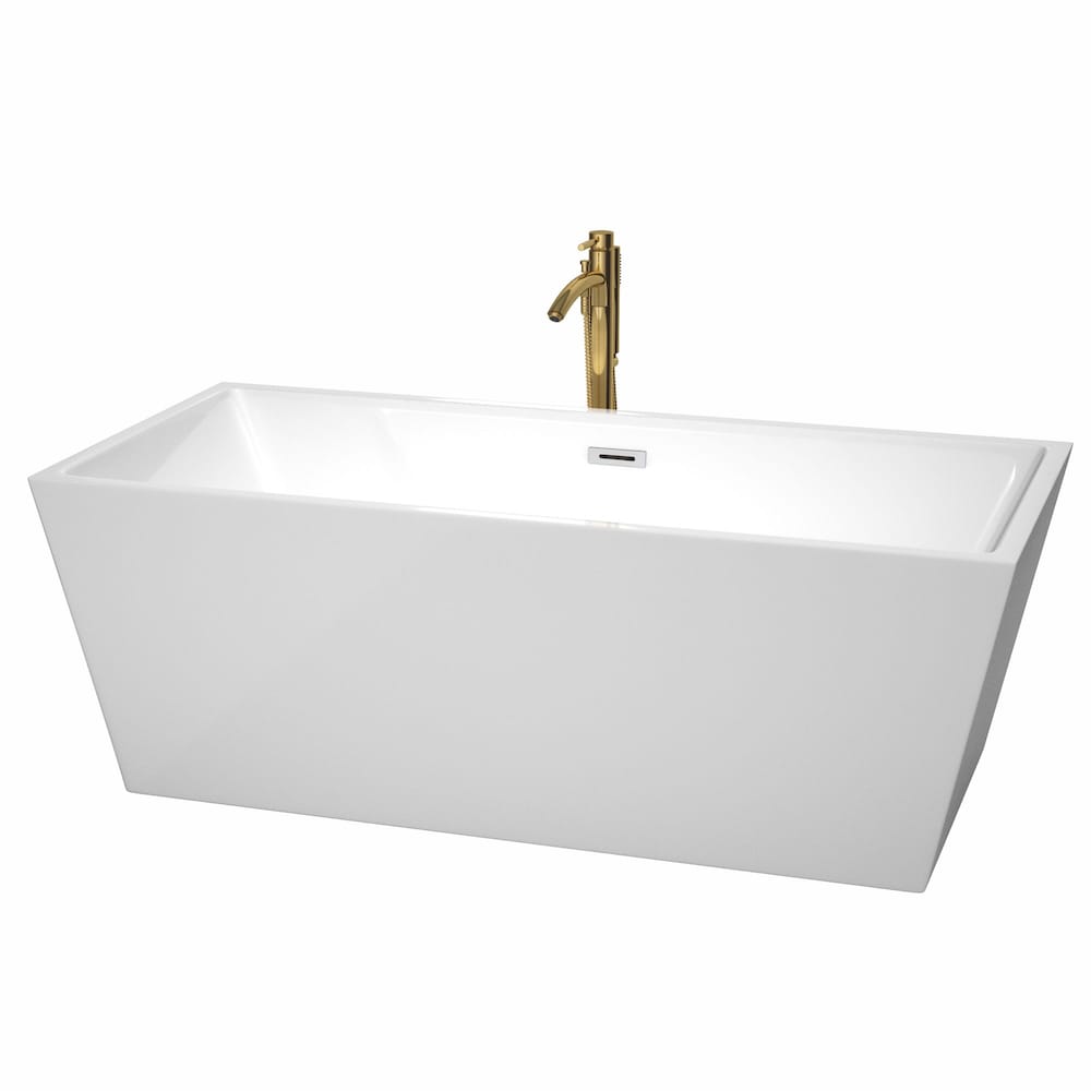 Sara 67 inch Freestanding Bathtub in White with Polished Chrome Trim and Faucet in Brushed Gold