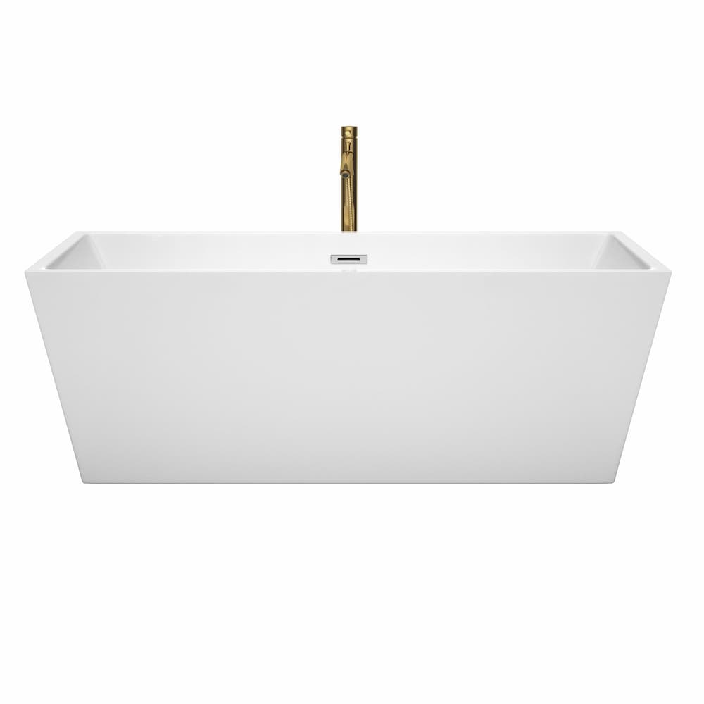 Sara 67 inch Freestanding Bathtub in White with Polished Chrome Trim and Faucet in Brushed Gold
