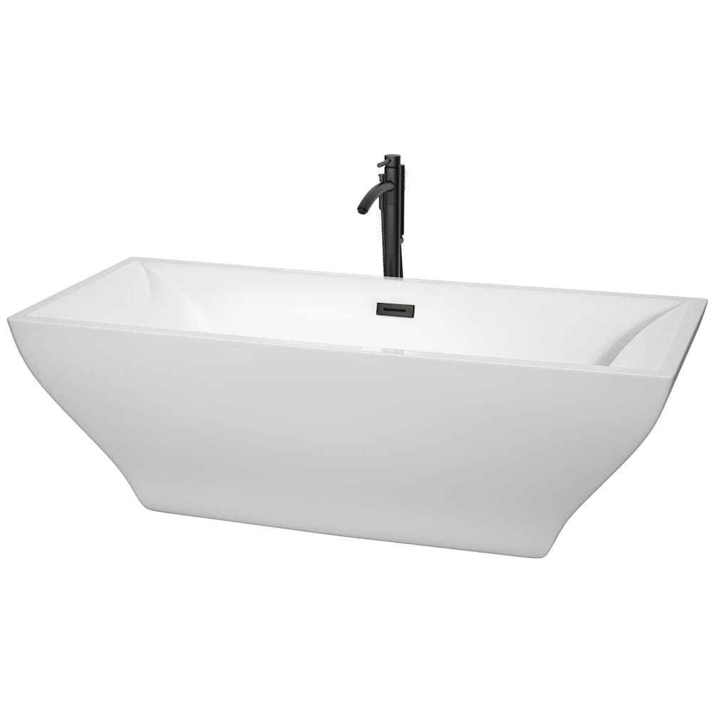 Maryam 71 inch Freestanding Bathtub in White with Faucet, Drain and Overflow Trim in Matte Black