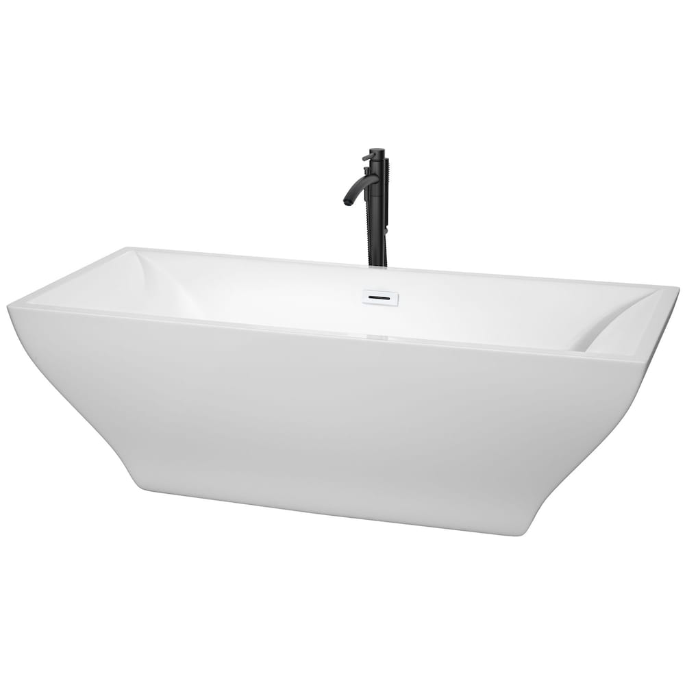 Baignoire autoportante Maryam de 71 pouces en blanc avec garniture blanche brillante et robinet en noir mat