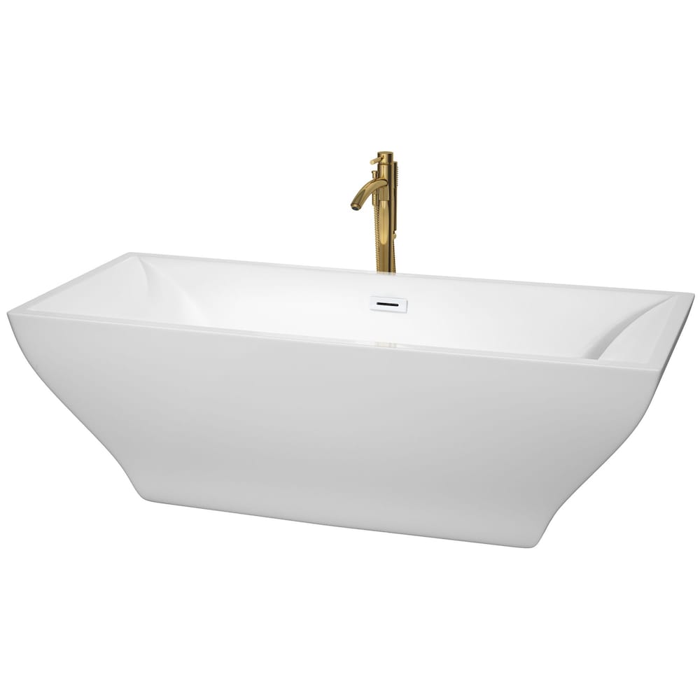 Baignoire autoportante Maryam de 71 pouces en blanc avec garniture blanche brillante et robinet en or brossé
